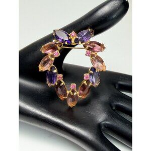 Vintage Juliana D&E Style Purple Pink Navette Rhinestone Wreath Gold Tone Brooch